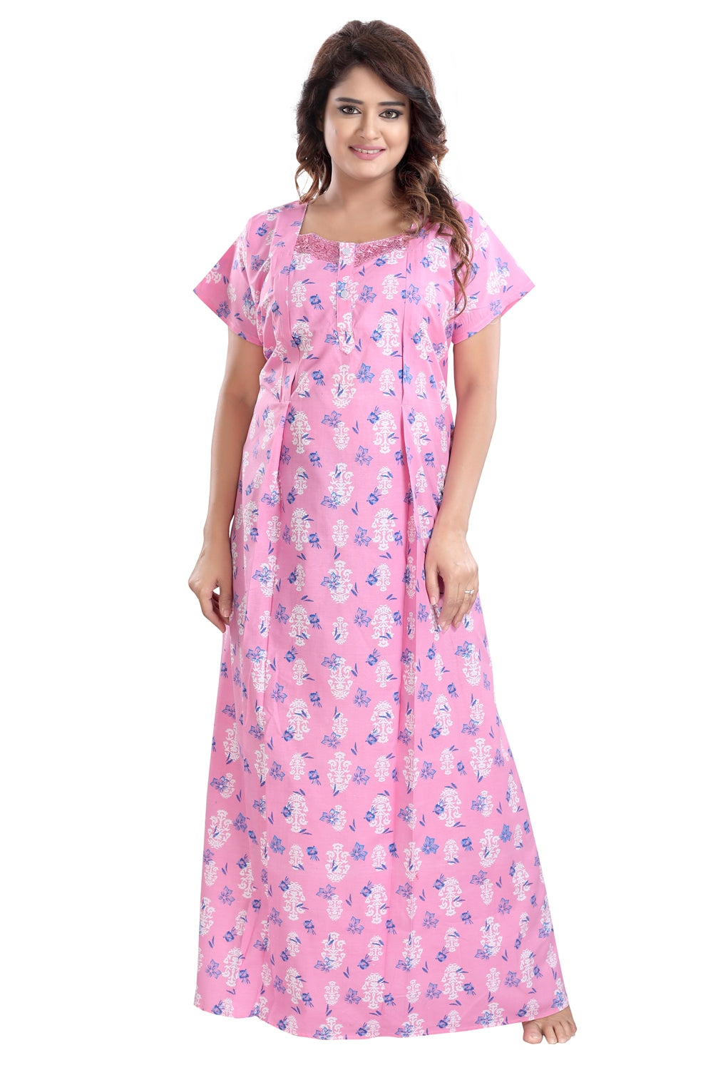 Fabme Women's Pink Vertical Zip Cotton Full Length Maternity Night Dress Nighty