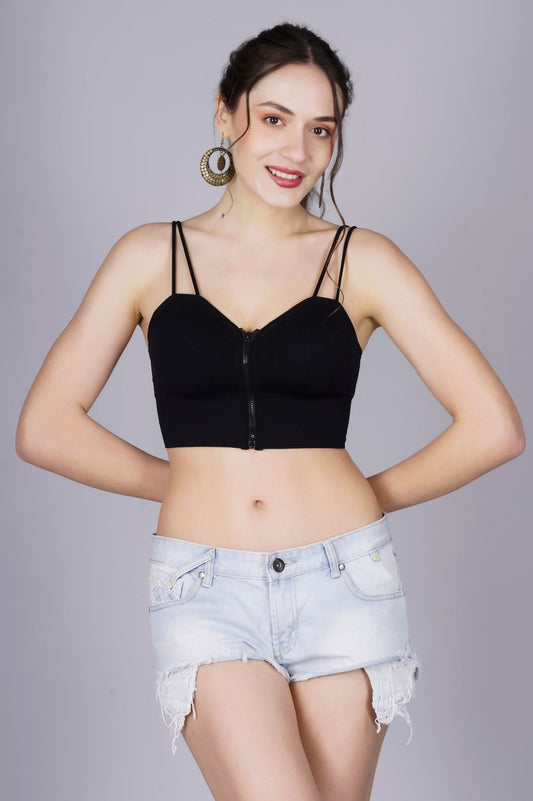 Fabme Women's Front Zip Open Black Noodle Sleeves Crop Top