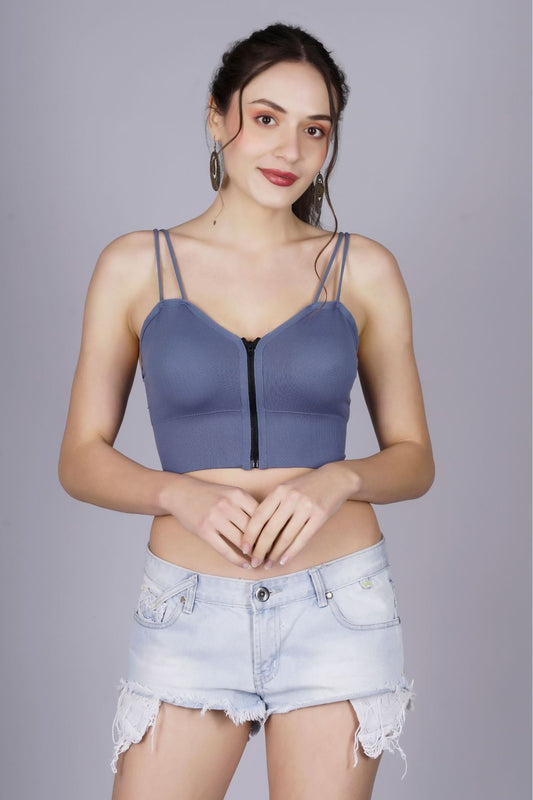 Fabme Women's Front Zip Open Blue Noodle Sleeves Crop Top