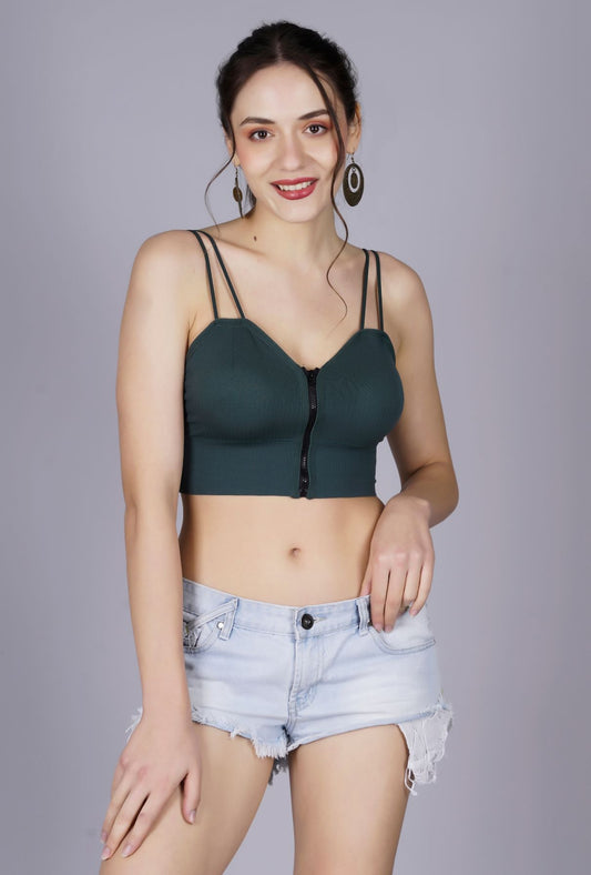 Fabme Women's Front Zip Open Green Noodle Sleeves Crop Top