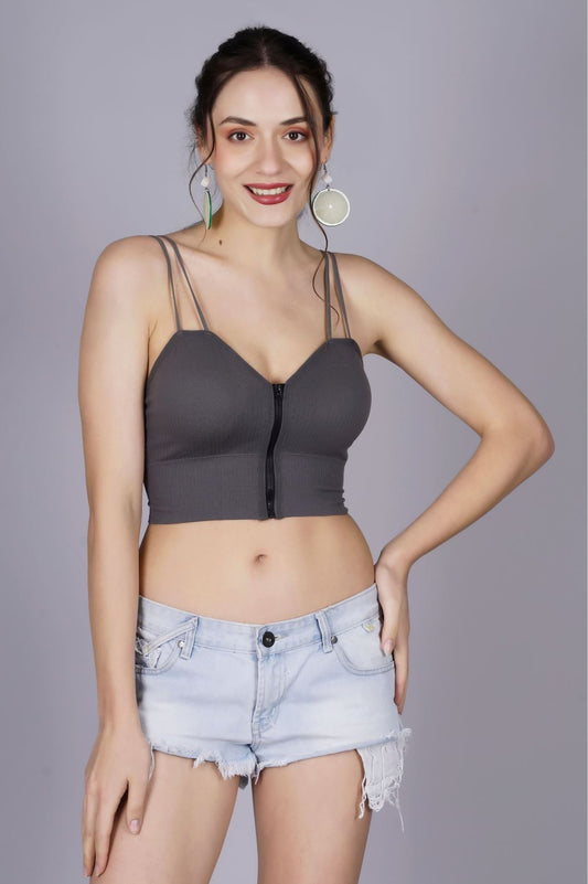 Fabme Women's Front Zip Open Grey Noodle Sleeves Crop Top