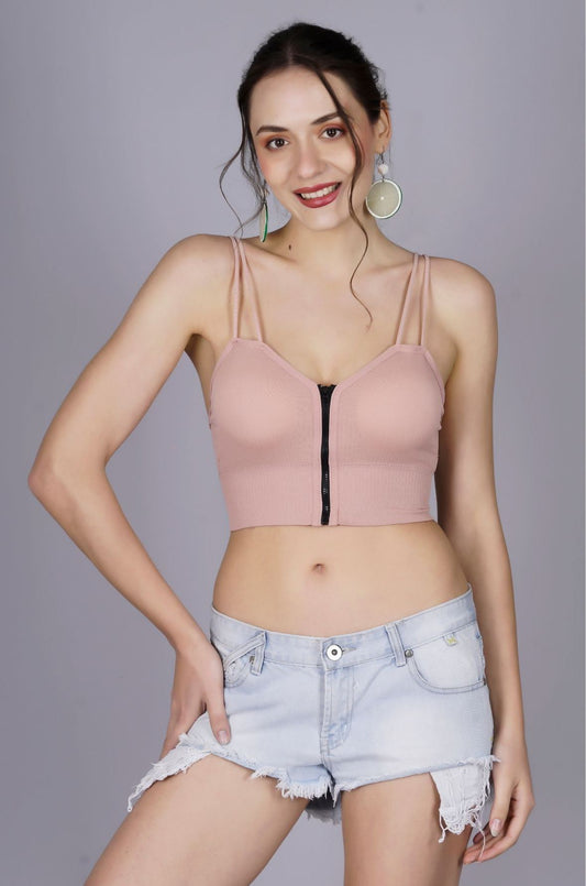 Fabme Women's Front Zip Open Pink Noodle Sleeves Crop Top