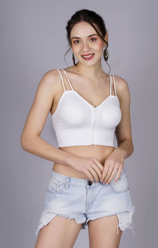 Fabme Women's Front Zip Open White Noodle Sleeves Crop Top