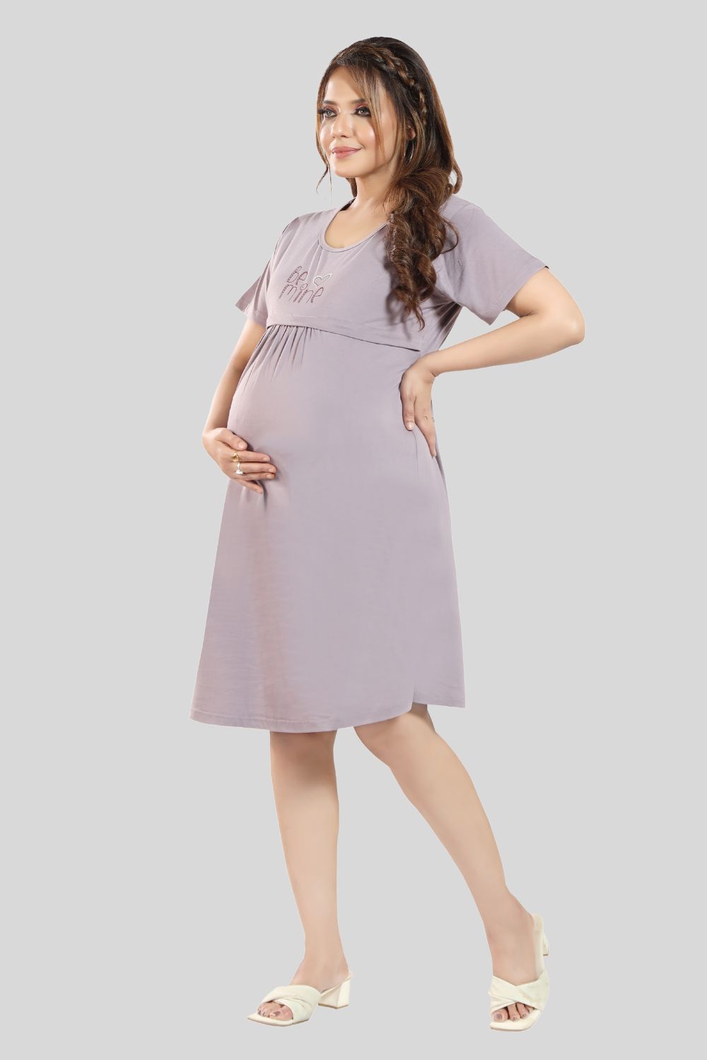 Fabme Women's Pre and Post Pregnancy Below Knee Length Nursing Nighty - Lavender