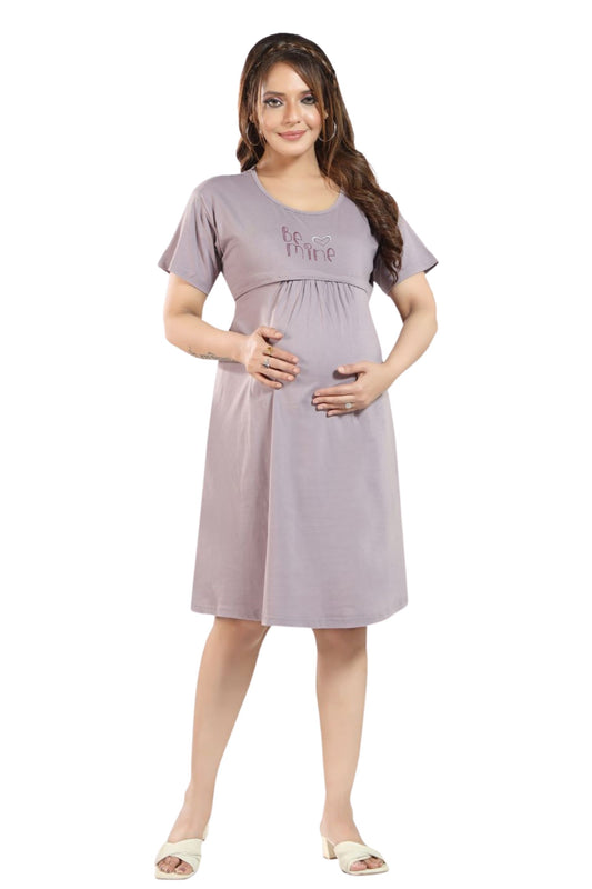 Fabme Women's Pre and Post Pregnancy Below Knee Length Nursing Nighty - Lavender