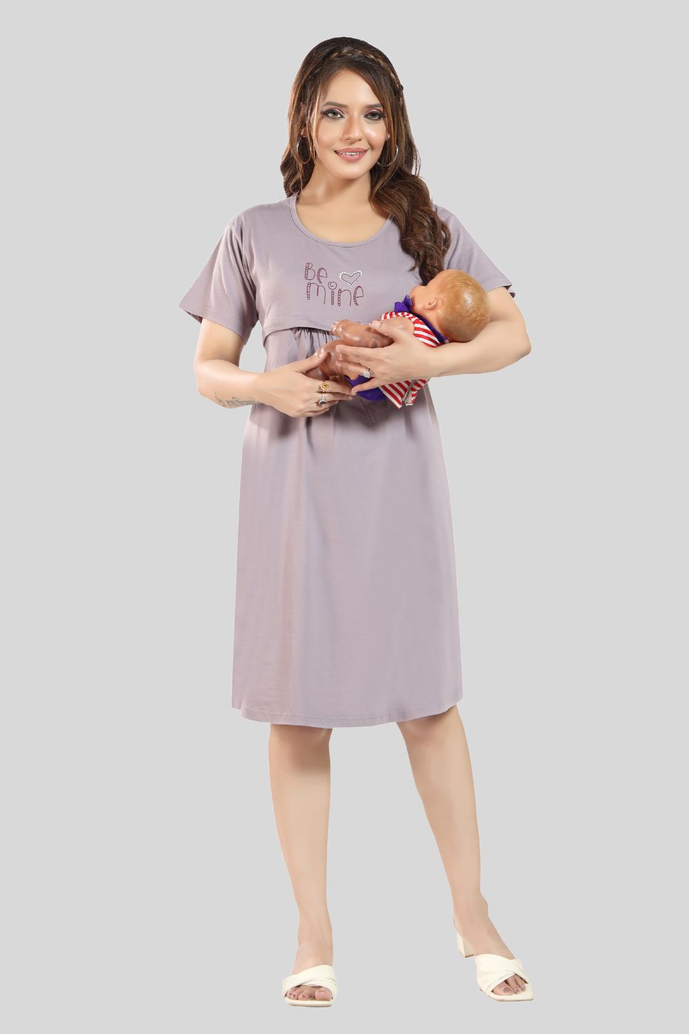 Fabme Women's Pre and Post Pregnancy Below Knee Length Nursing Nighty - Lavender