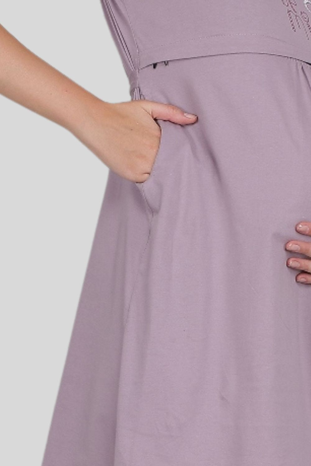 Fabme Women's Pre and Post Pregnancy Below Knee Length Nursing Nighty - Lavender