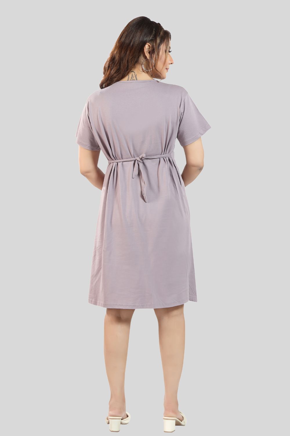 Fabme Women's Pre and Post Pregnancy Below Knee Length Nursing Nighty - Lavender