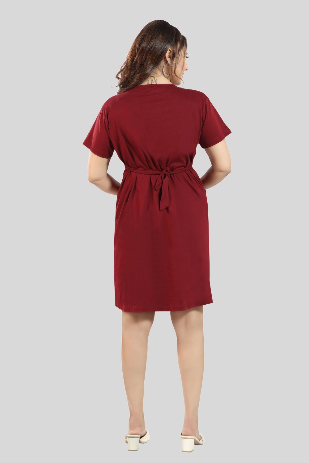 Fabme Women's Pre and Post Pregnancy Below Knee Length Nursing Nighty - Maroon