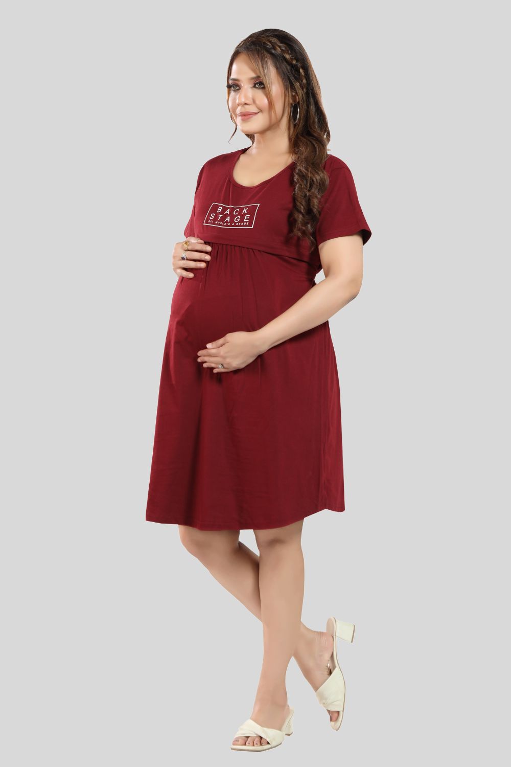 Fabme Women's Pre and Post Pregnancy Below Knee Length Nursing Nighty - Maroon