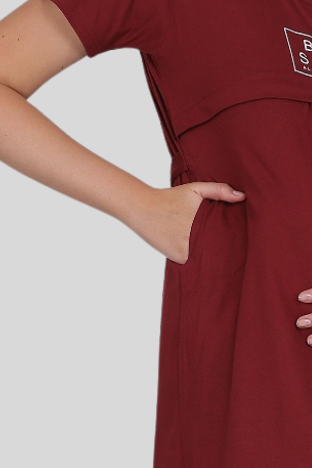 Fabme Women's Pre and Post Pregnancy Below Knee Length Nursing Nighty - Maroon