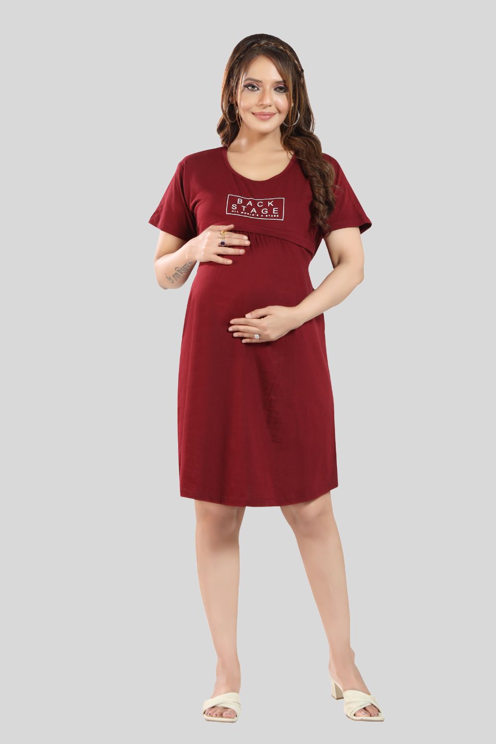 Fabme Women's Pre and Post Pregnancy Below Knee Length Nursing Nighty - Maroon