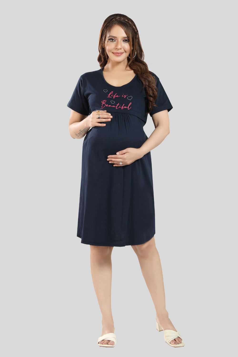 Fabme Women's Pre and Post Pregnancy Below Knee Length Nursing Nighty - Navy Blue