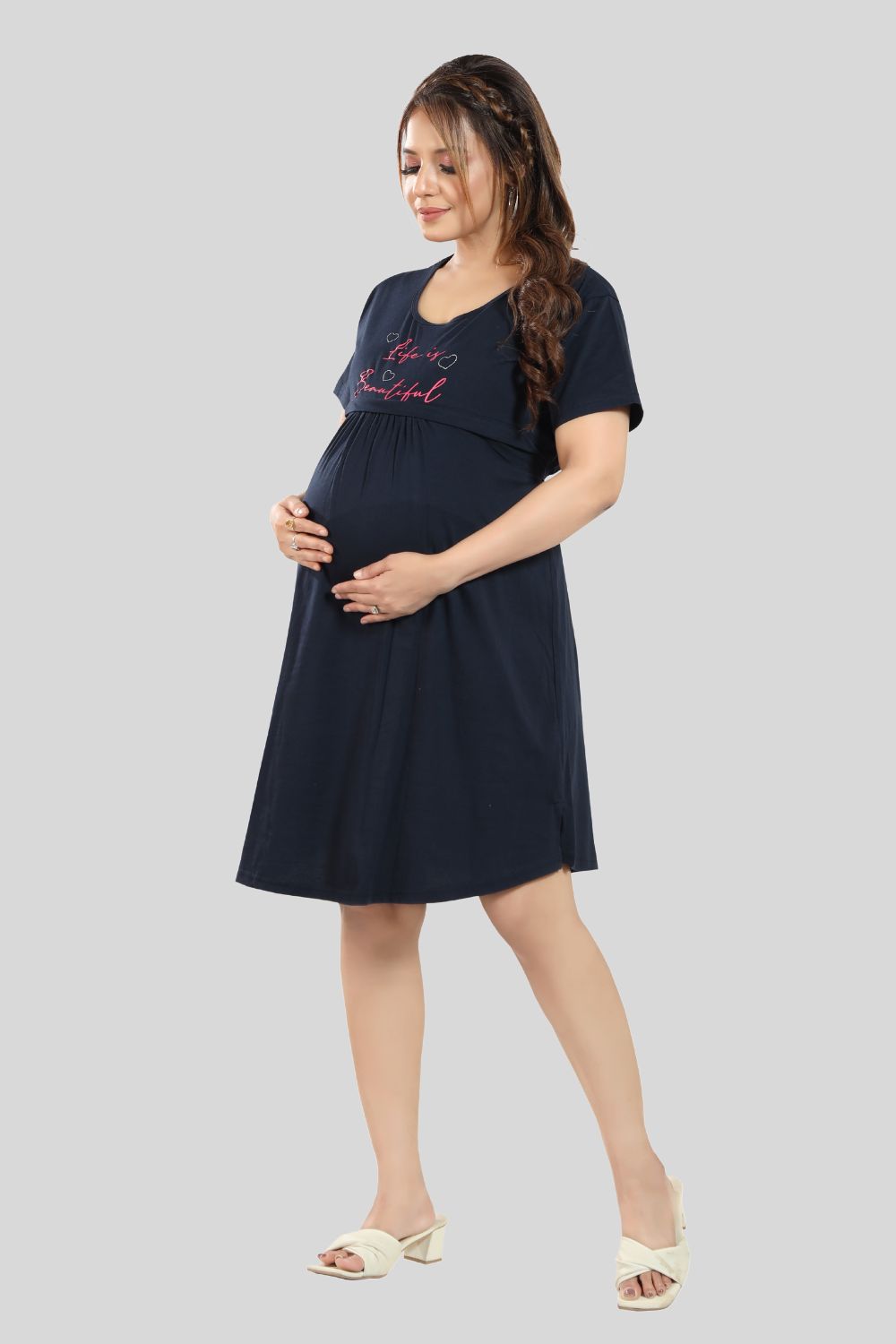 Fabme Women's Pre and Post Pregnancy Below Knee Length Nursing Nighty - Navy Blue