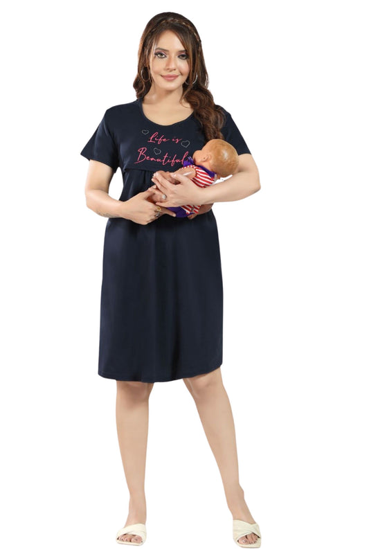 Fabme Women's Pre and Post Pregnancy Below Knee Length Nursing Nighty - Navy Blue
