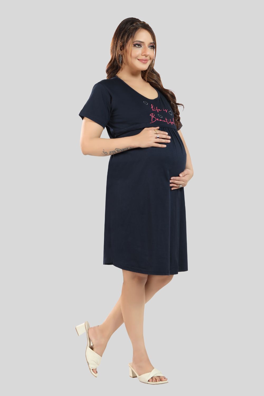 Fabme Women's Pre and Post Pregnancy Below Knee Length Nursing Nighty - Navy Blue