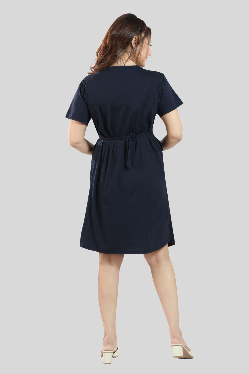 Fabme Women's Pre and Post Pregnancy Below Knee Length Nursing Nighty - Navy Blue