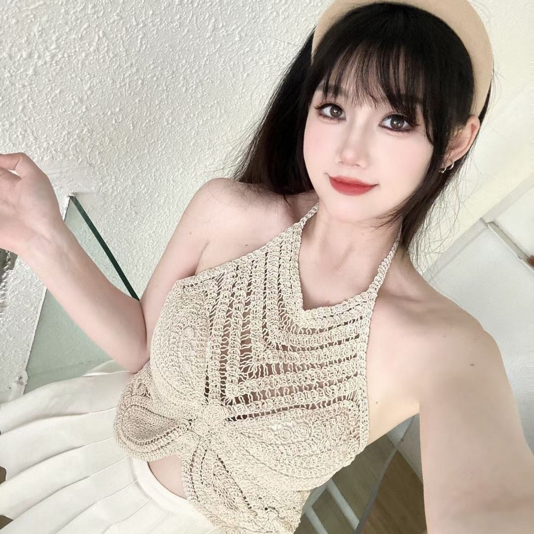 Fabme Women's Butterfly Shaped Padded Crochet Halter Crop Top