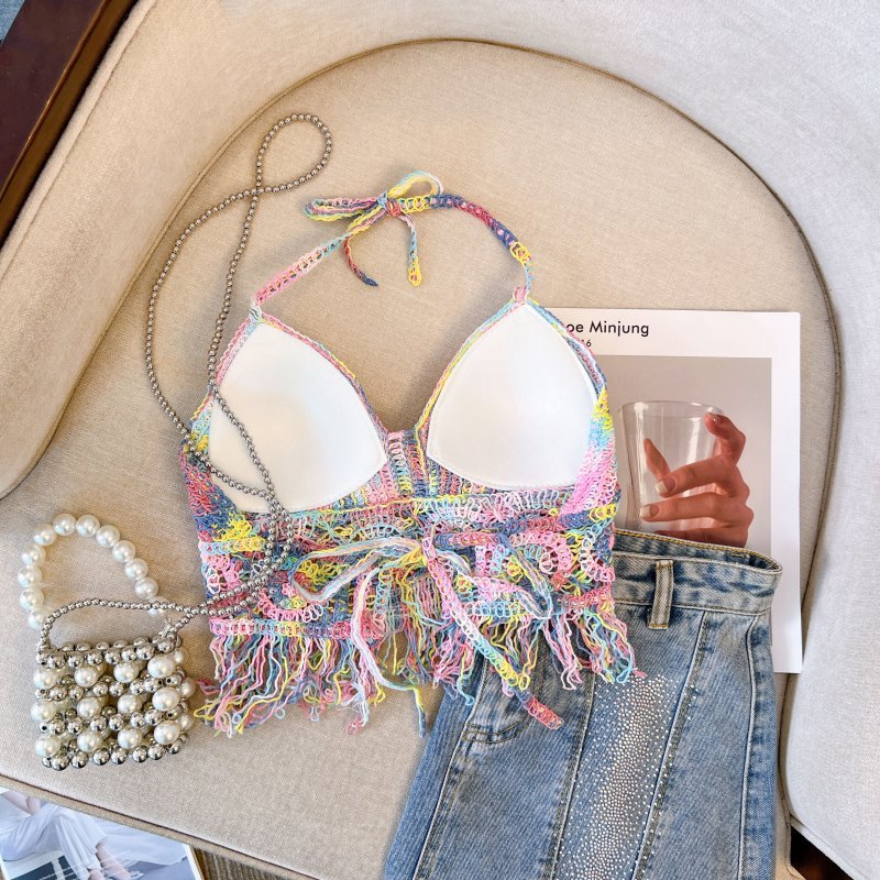 Fabme Crochet Halter Neck Padded Bikini attached Pad Lace Up Beachwear Bralette Crop Top/Bra - Multicolored
