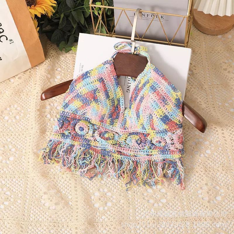 Fabme Crochet Halter Neck Padded Bikini attached Pad Lace Up Beachwear Bralette Crop Top/Bra - Multicolored