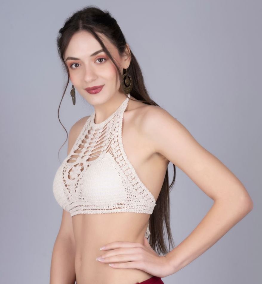 Fabme Women's Crochet Halter Neck Padded Bikini attached Pad Lace Up Beachwear Bralette Crop Top/Bra - Skin