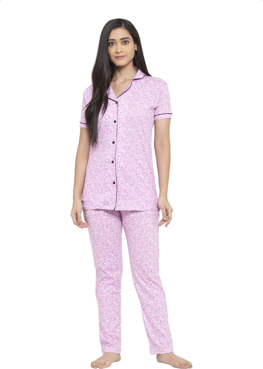 Fabme Women's Pink Printed Sinker Cotton EveryDay  Top and Pyjama Set