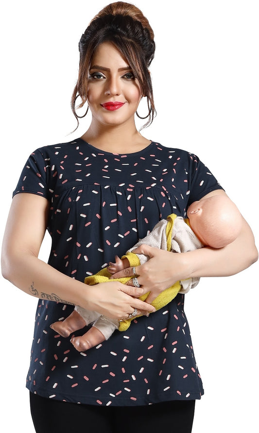 Fabme Women's Printed Navy Blue Concealed Zip Pre and Post Pregnancy Top