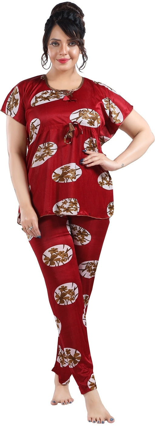 Fabme Women's Maroon Printed Satin EveryDay  Top and Pyjama Set