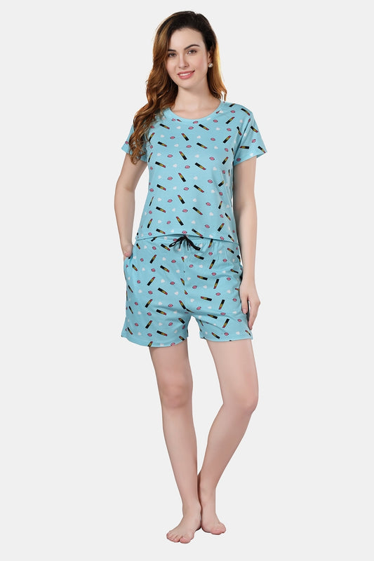 Fabme Women's Sea Green Printed Pure Cotton EveryDay  Top and Pyjama Set