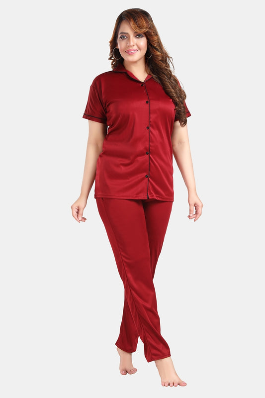 Fabme Women's Maroon Printed Viscose Polyester EveryDay  Top and Pyjama Set