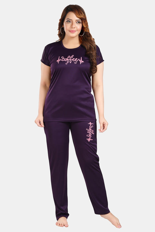 Fabme Women's Purple Motif Print Viscose Polyester EveryDay  Top and Pyjama Set