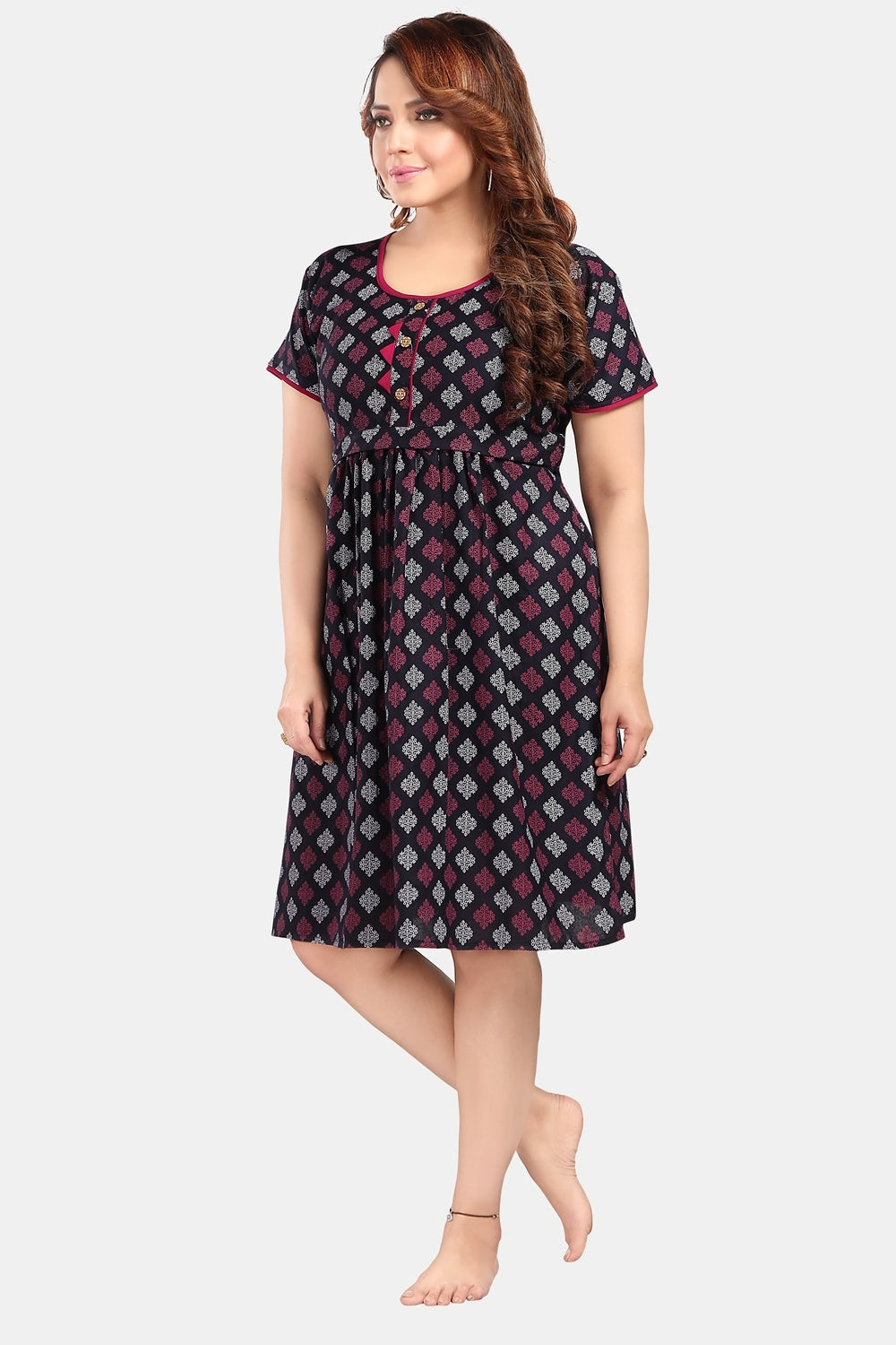 Fabme Women's Navy Blue Horizontal Zip Alpine Cotton Knee Length Maternity Night Dress Nighty