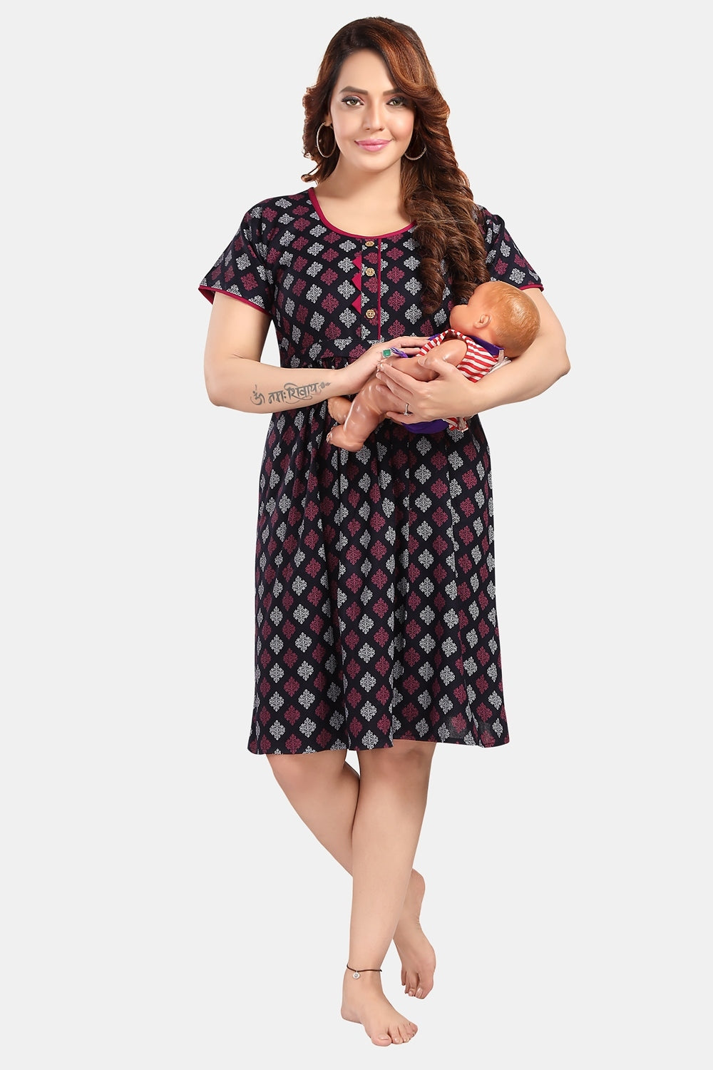 Fabme Women's Navy Blue Horizontal Zip Alpine Cotton Knee Length Maternity Night Dress Nighty