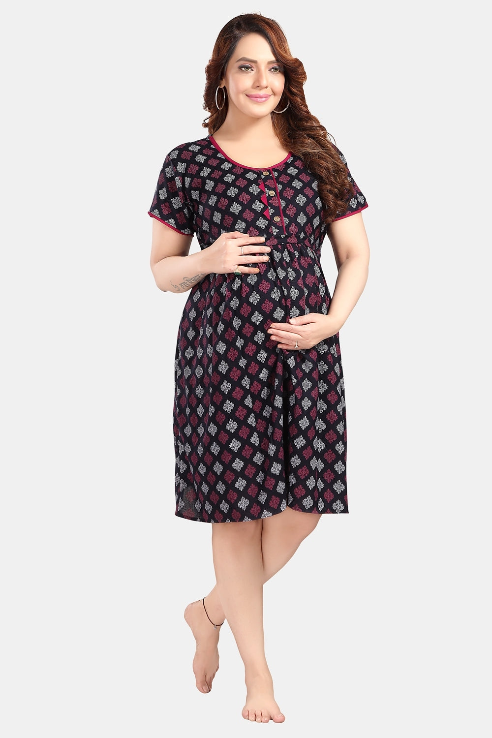 Fabme Women's Navy Blue Horizontal Zip Alpine Cotton Knee Length Maternity Night Dress Nighty