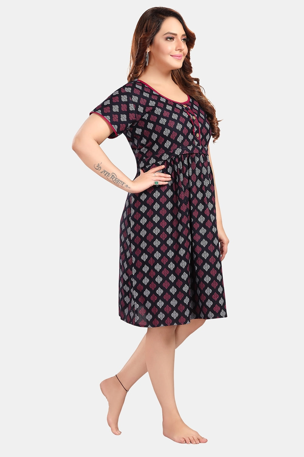 Fabme Women's Navy Blue Horizontal Zip Alpine Cotton Knee Length Maternity Night Dress Nighty