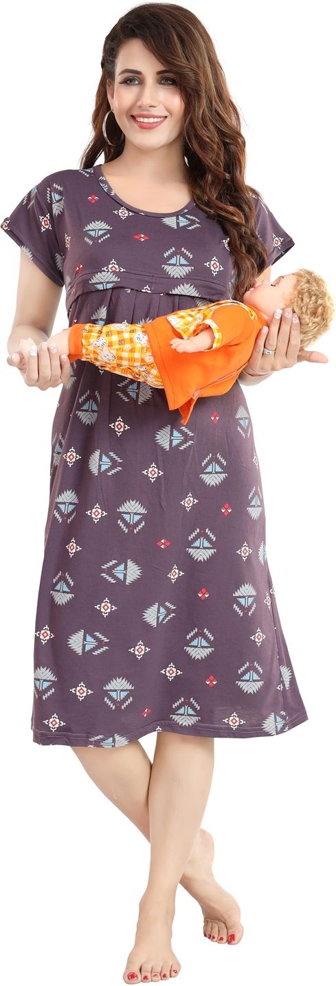 Fabme Women's Pre and Post Pregnancy Below Knee Length Nursing Nighty - Purple