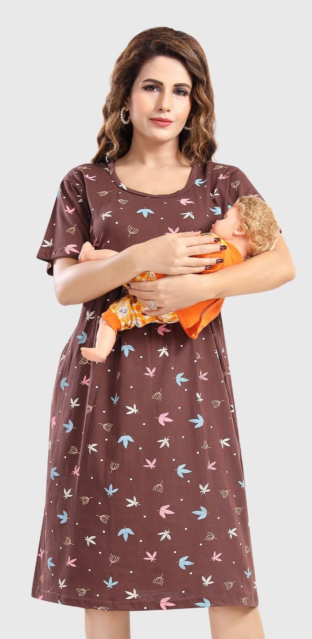 Fabme Women's Pre and Post Pregnancy Below Knee Length Nursing Nighty - Chcolate