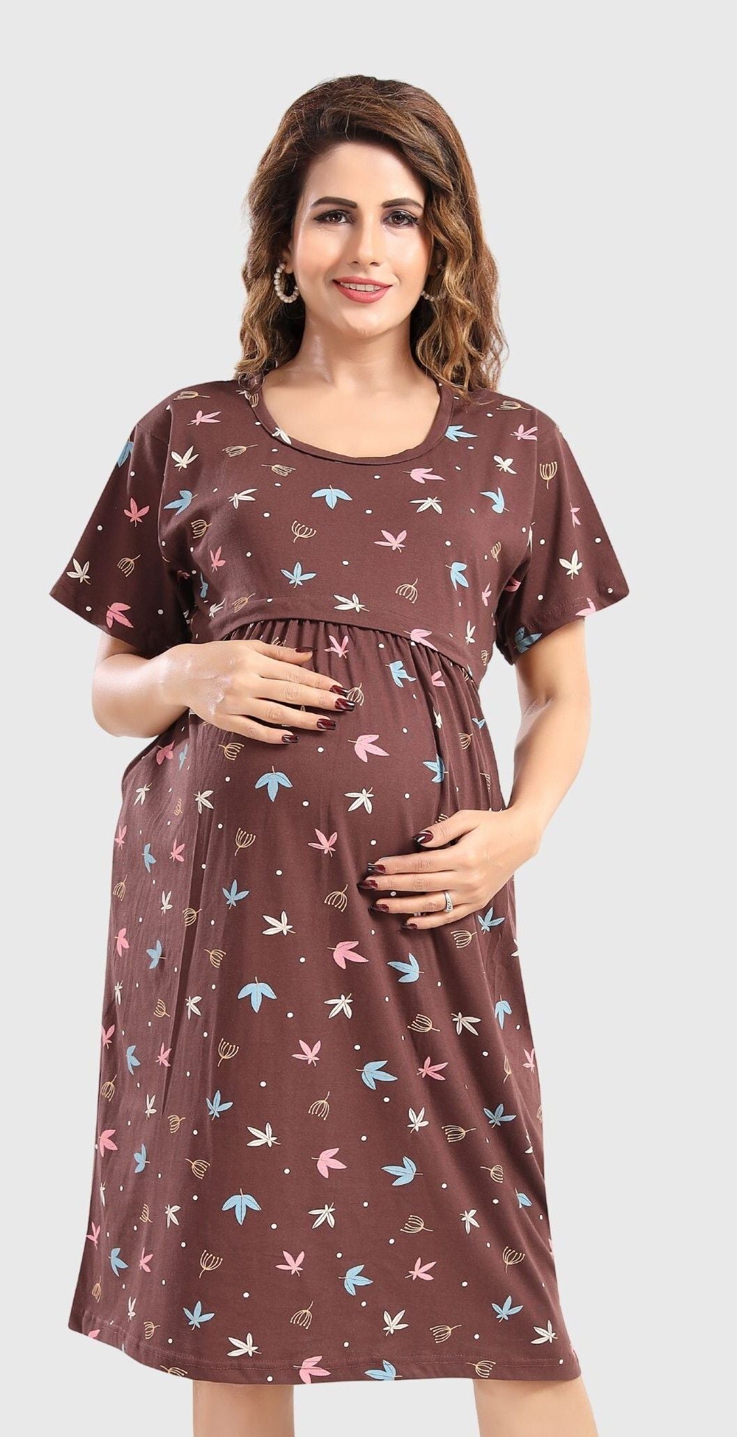 Fabme Women's Pre and Post Pregnancy Below Knee Length Nursing Nighty - Chcolate