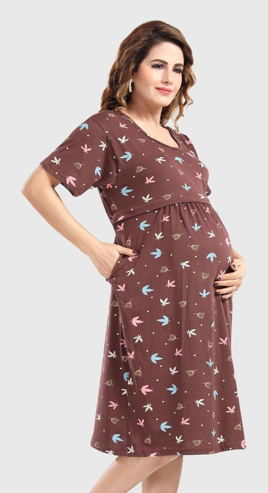 Fabme Women's Pre and Post Pregnancy Below Knee Length Nursing Nighty - Chcolate