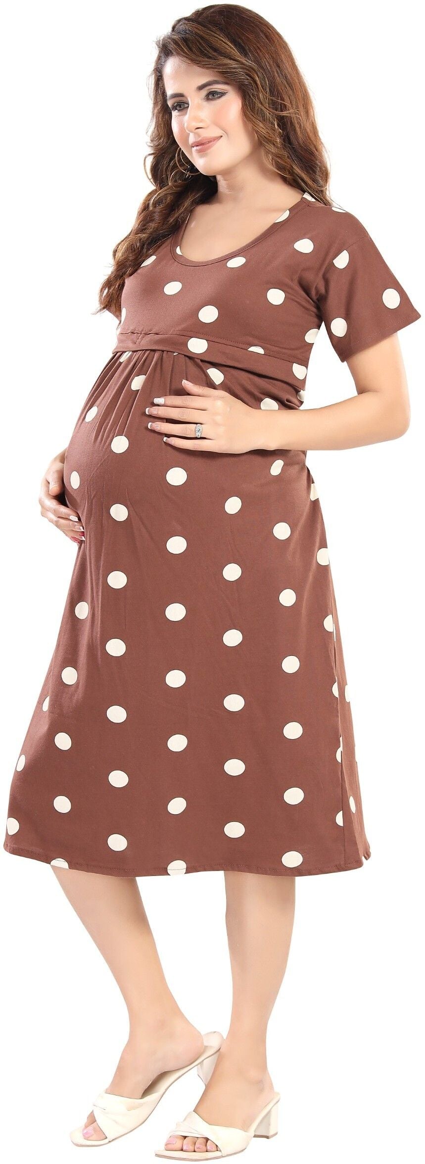 Fabme Women's Pre and Post Pregnancy Below Knee Length Nursing Nighty - Brown