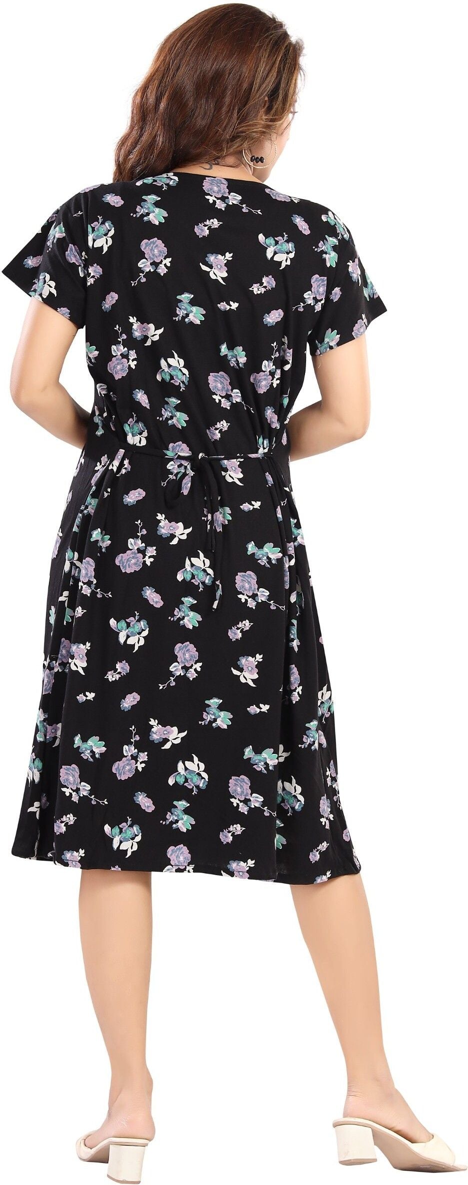 Fabme Women's Pre and Post Pregnancy Below Knee Length Nursing Nighty - Black