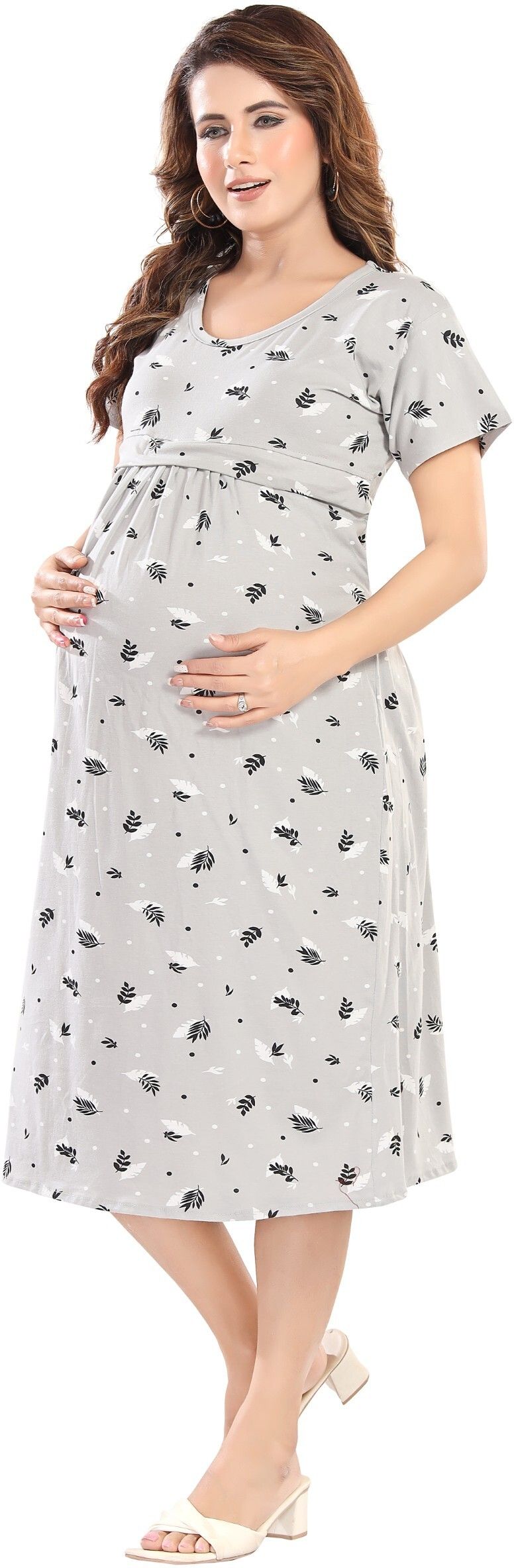 Fabme Women's Pre and Post Pregnancy Below Knee Length Nursing Nighty - Light Grey