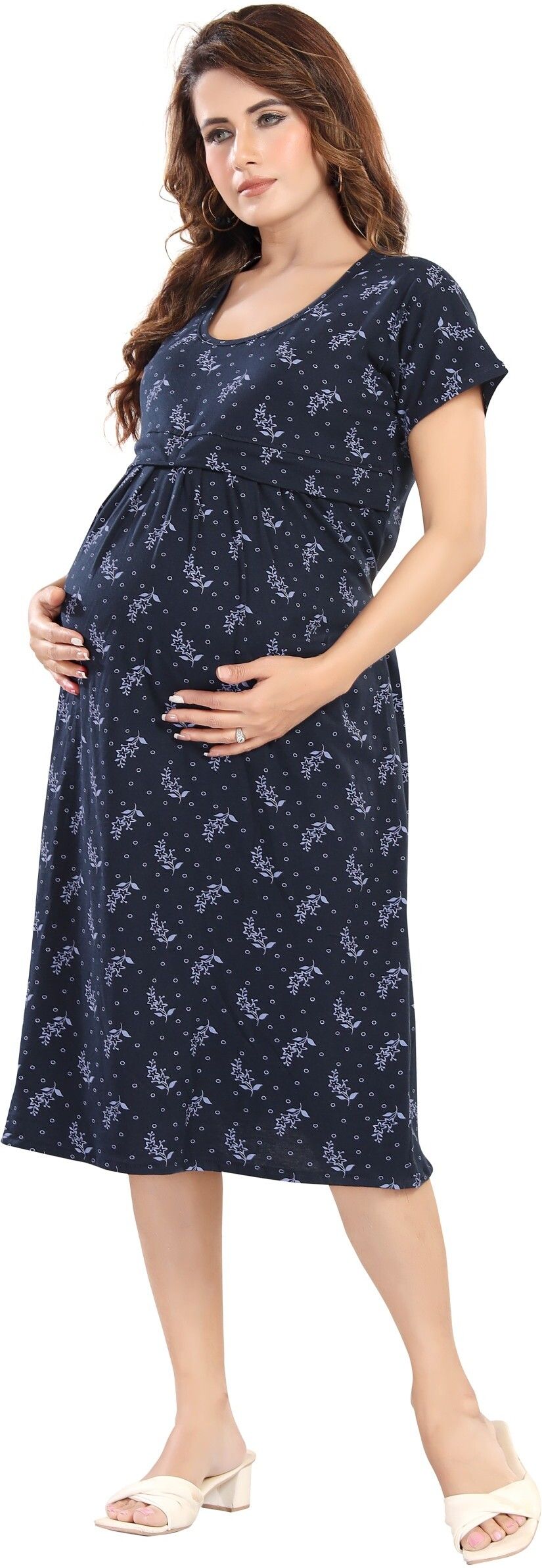 Fabme Women's Pre and Post Pregnancy Below Knee Length Nursing Nighty - Navy Blue
