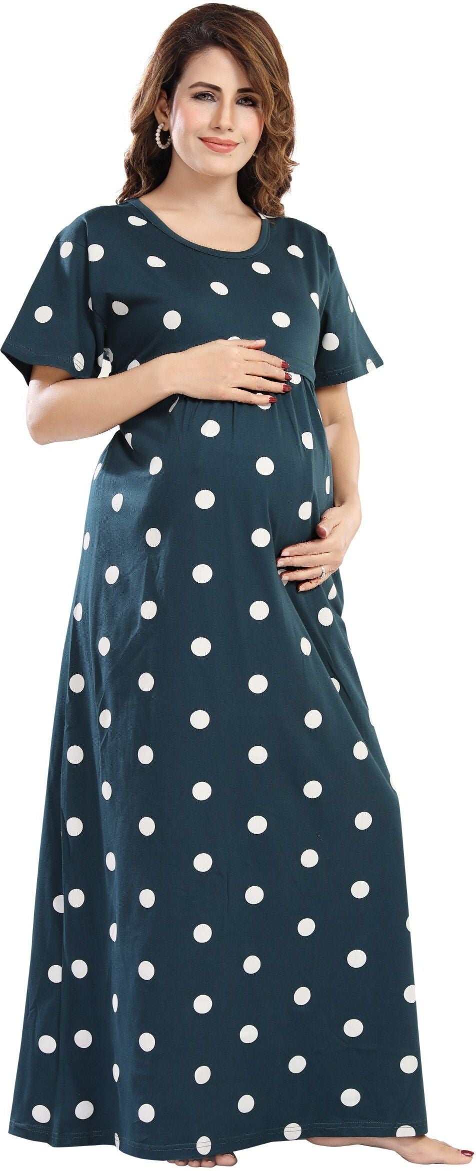 Fabme Women's Full Length Printed Pre and Post Pregnancy Pure Cotton Nursing Nightdress Nighty - Green