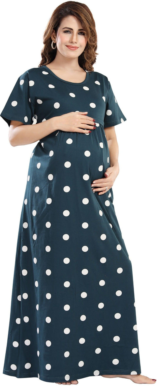 Fabme Women's Full Length Printed Pre and Post Pregnancy Pure Cotton Nursing Nightdress Nighty - Green