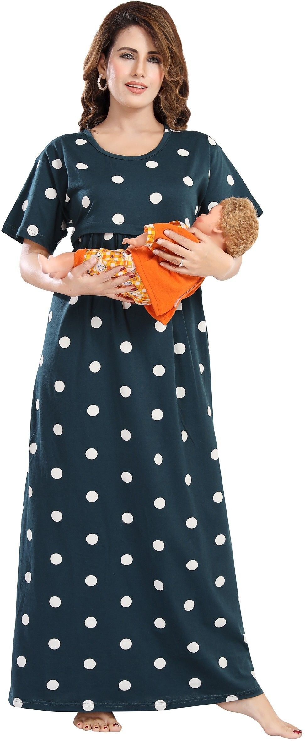 Fabme Women's Full Length Printed Pre and Post Pregnancy Pure Cotton Nursing Nightdress Nighty - Green