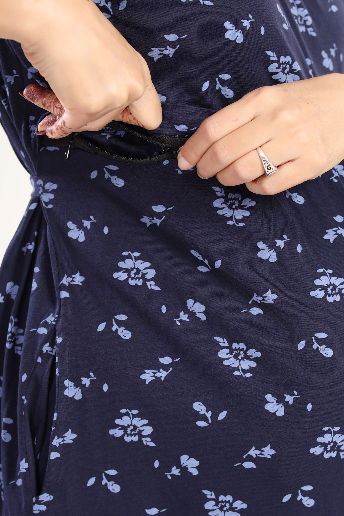 Fabme Women's Full Length Printed Pre and Post Pregnancy Pure Cotton Nursing Nightdress Nighty - Navy Blue