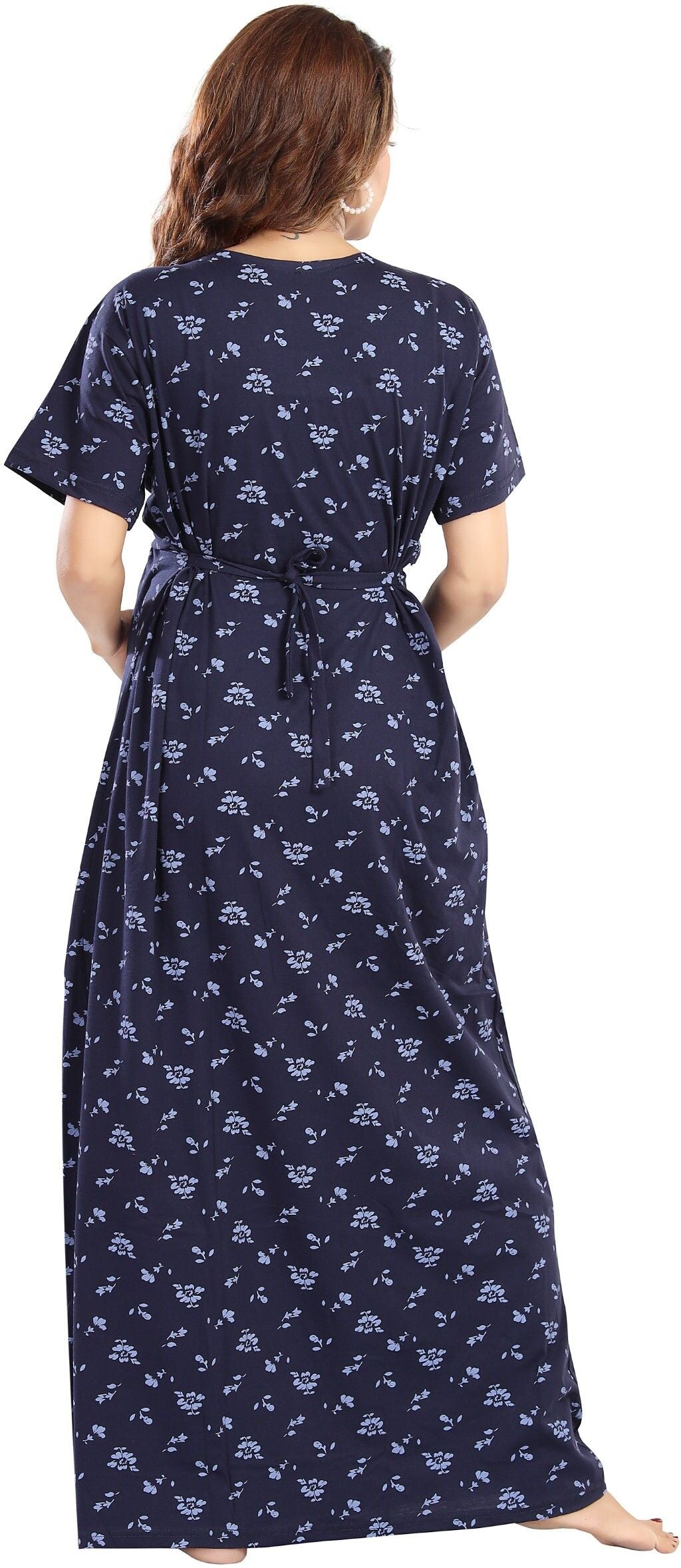 Fabme Women's Full Length Printed Pre and Post Pregnancy Pure Cotton Nursing Nightdress Nighty - Navy Blue