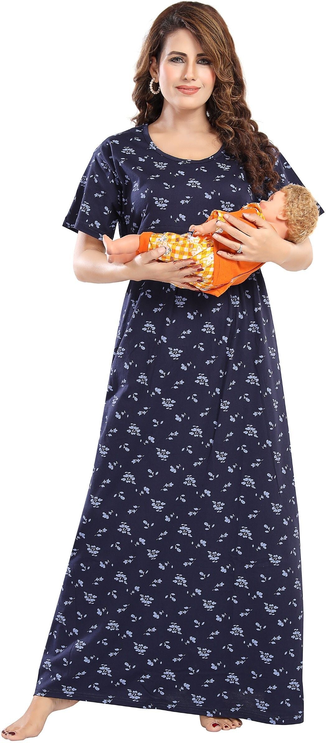 Fabme Women's Full Length Printed Pre and Post Pregnancy Pure Cotton Nursing Nightdress Nighty - Navy Blue