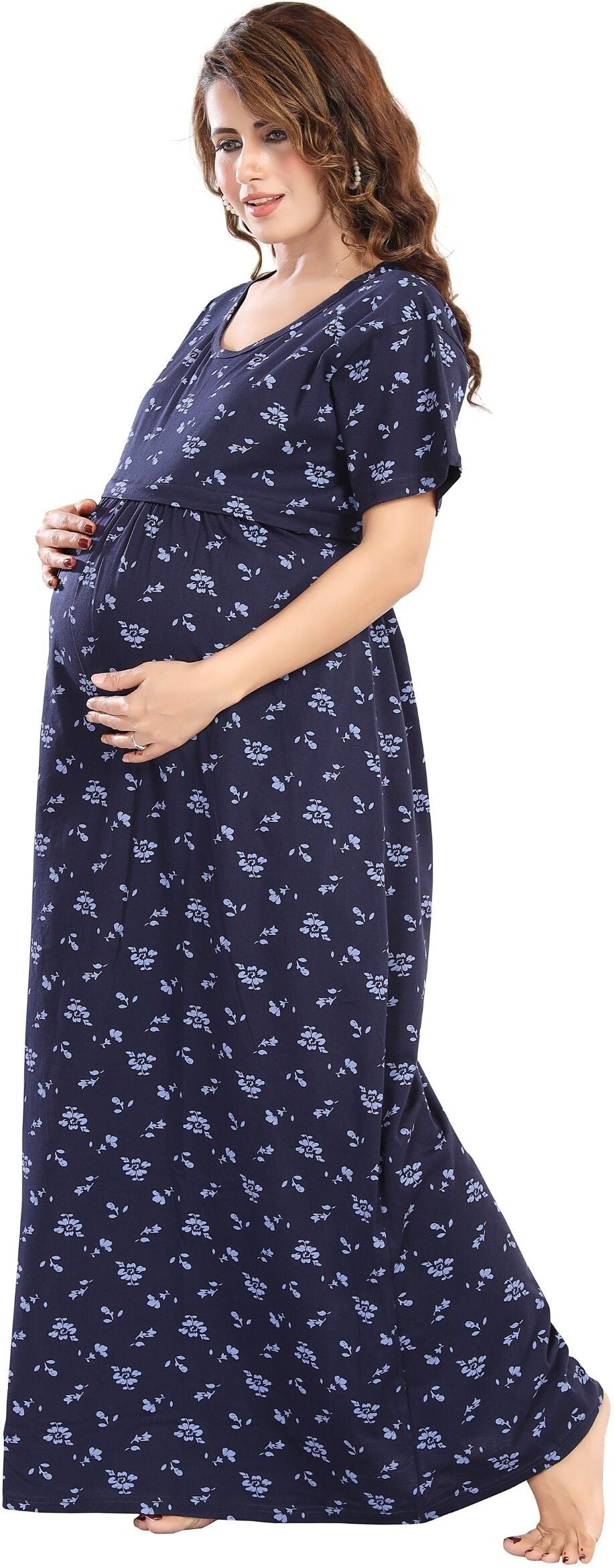 Fabme Women's Full Length Printed Pre and Post Pregnancy Pure Cotton Nursing Nightdress Nighty - Navy Blue